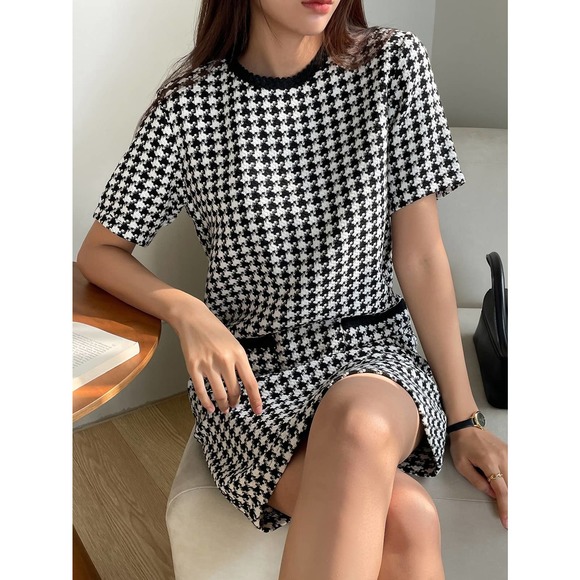 minimalist Houndstooth Print Tunic Dress black white - Picture 8 of 9
